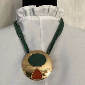Gold Tone and Green Pendant Necklace